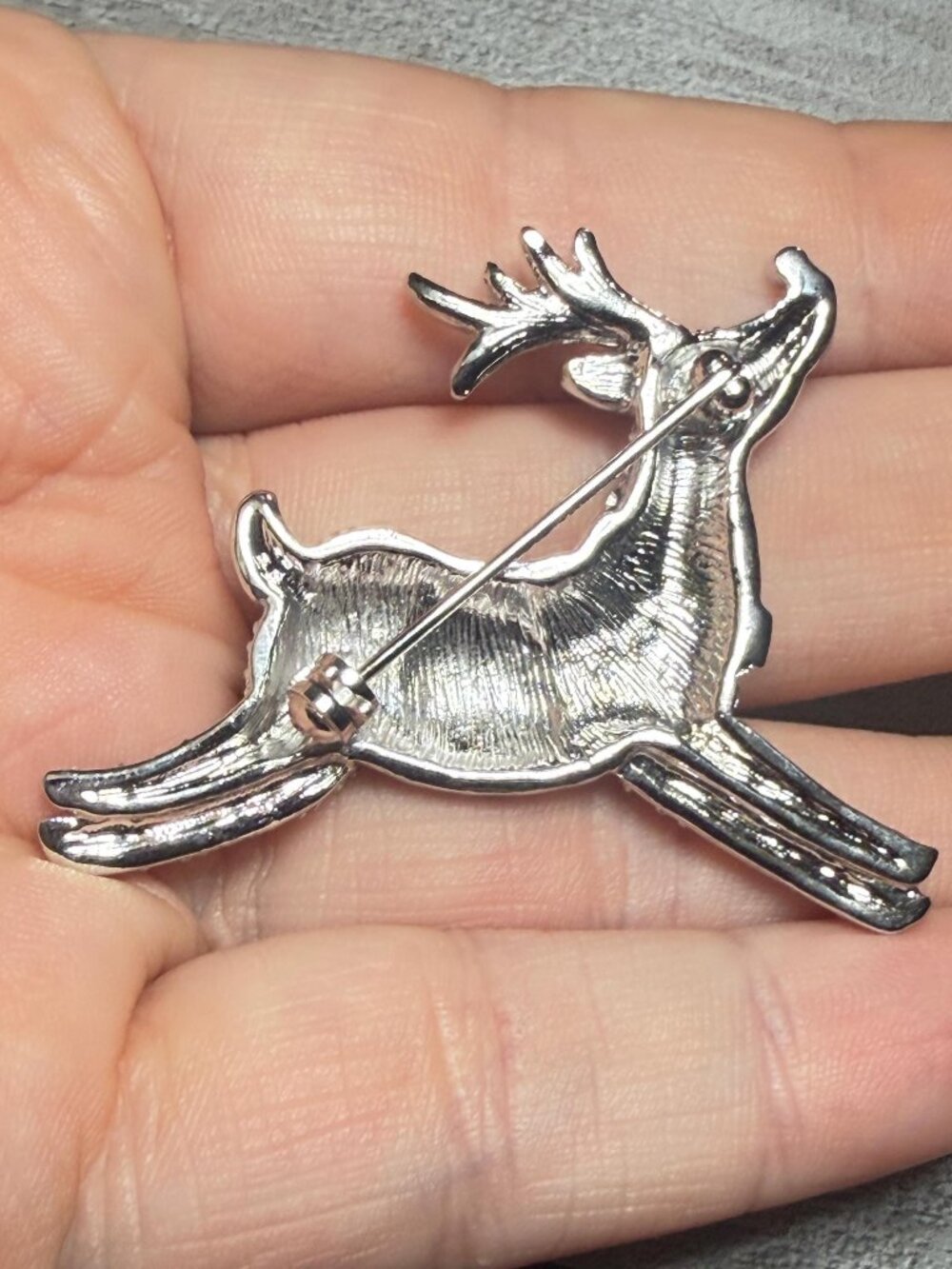 Rhinestone Reindeer Brooch Silver Tone Red Christmas Holiday Pin - Picture 4 of 5